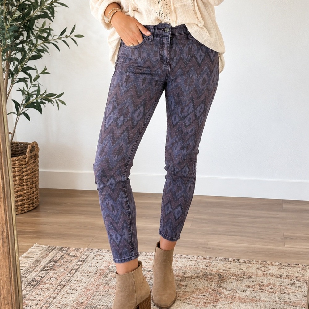 Free People Purple Ikat Geometric Skinny Jeans Womens 29 Boho Stretch Festival